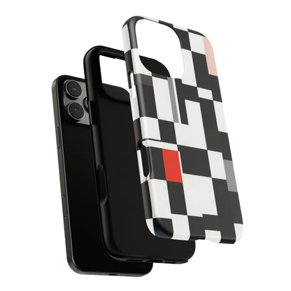Abstract Geometric Phone Case – Black & White Checker Grid with Red Accent