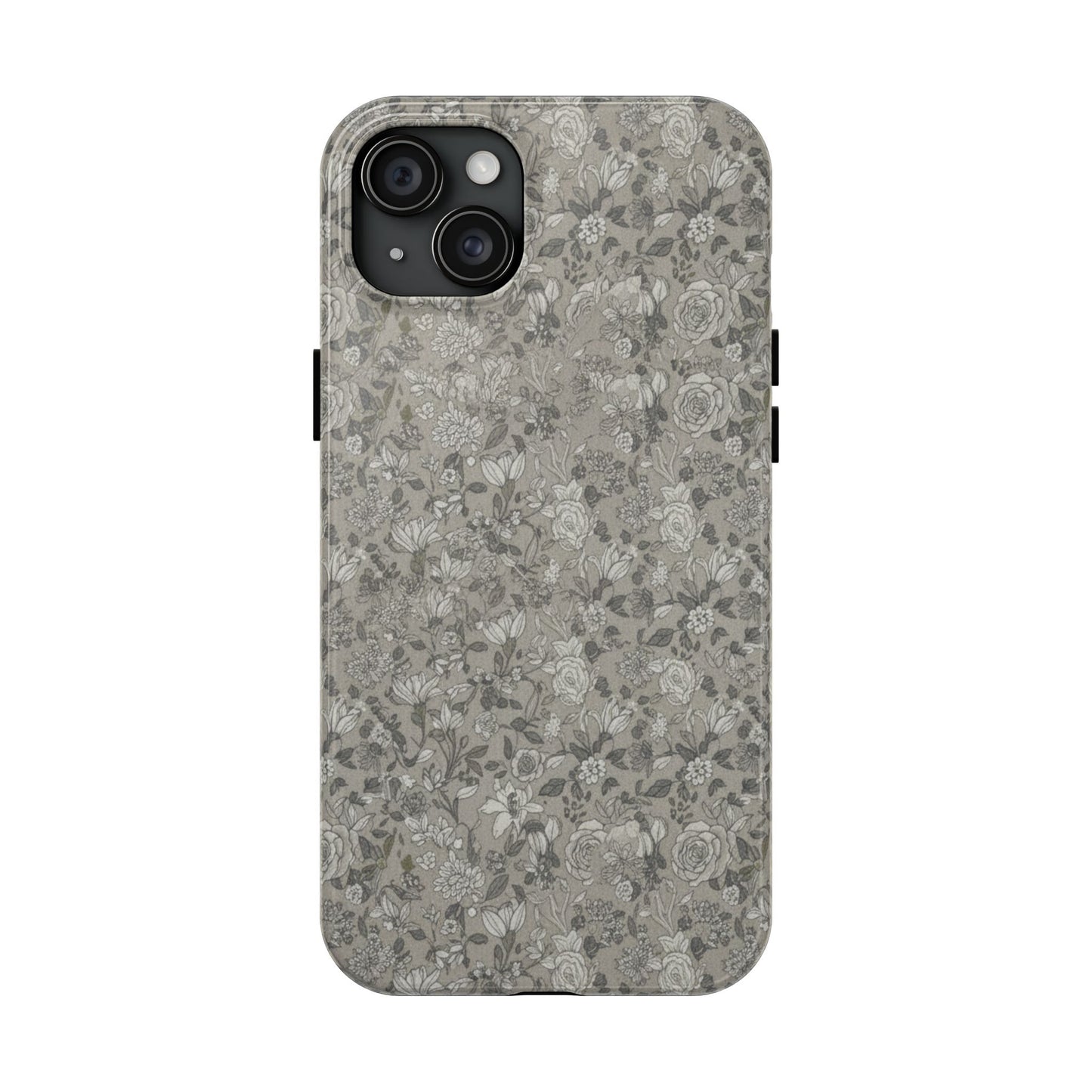 Gray Floral Tough Phone Case — Durable Protective Phone Cover with Vintage Botanical Pattern