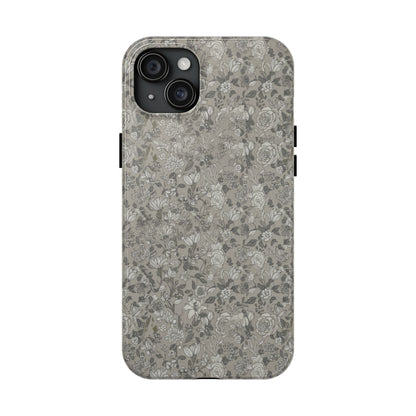 Gray Floral Tough Phone Case — Durable Protective Phone Cover with Vintage Botanical Pattern