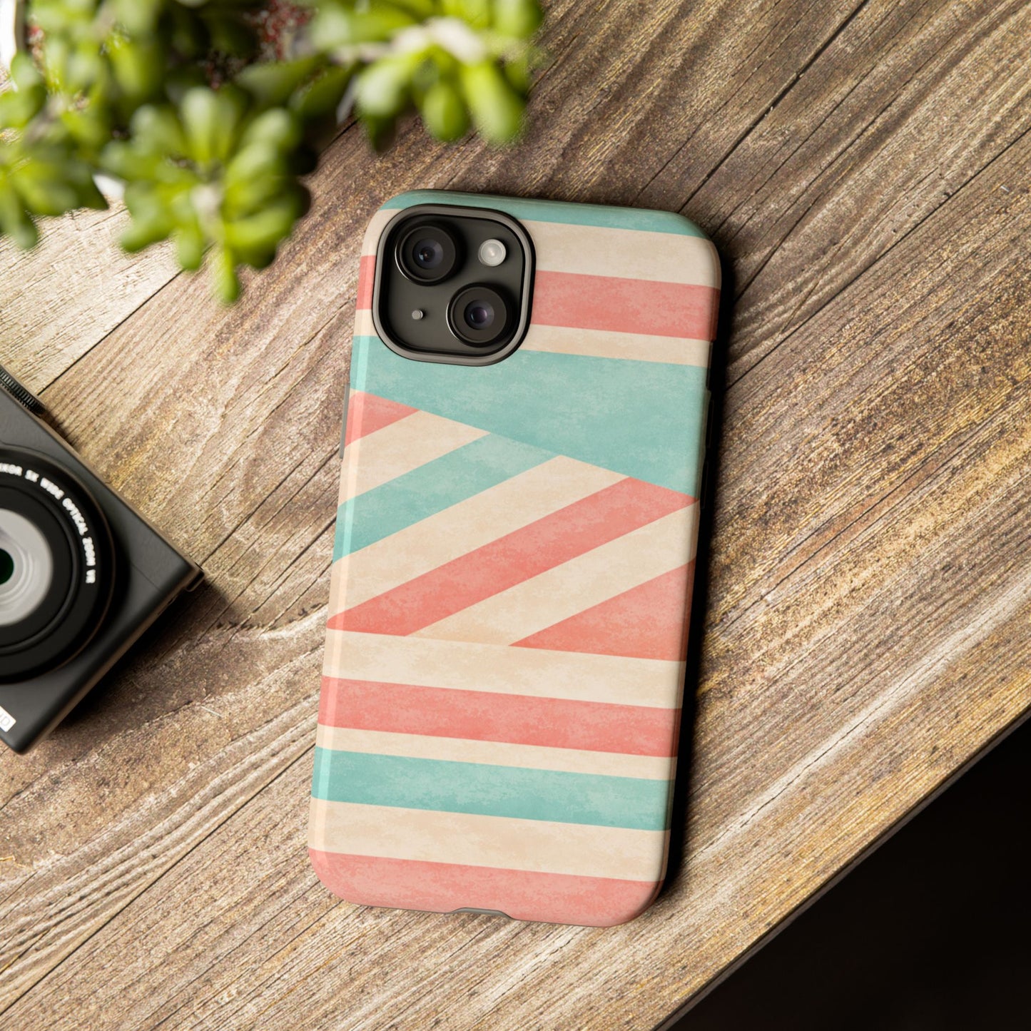 Pastel Stripes Tough Phone Case – Retro Coral & Teal Protective Cover