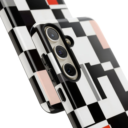Abstract Geometric Phone Case – Black & White Checker Grid with Red Accent