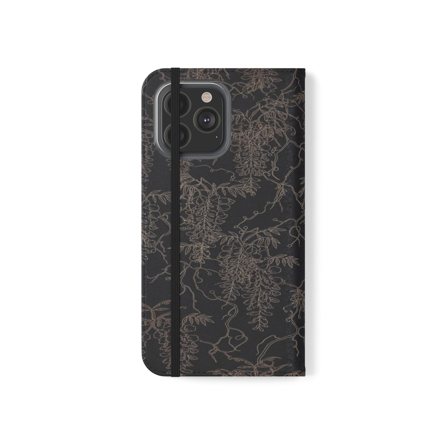 Botanical Noir Flip Phone Case — Dark Floral Wallet Cover with Card Slots
