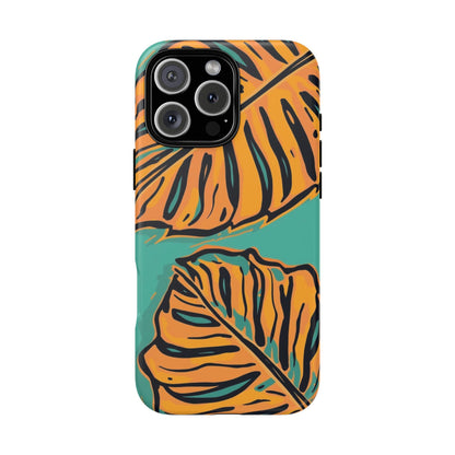 Tropical Leaf Tough Phone Case — Orange Monstera Design on Teal