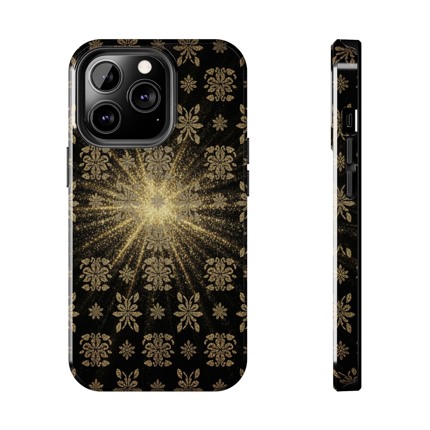 Glitter Burst Tough Phone Case — Black & Gold Floral Protective Cover