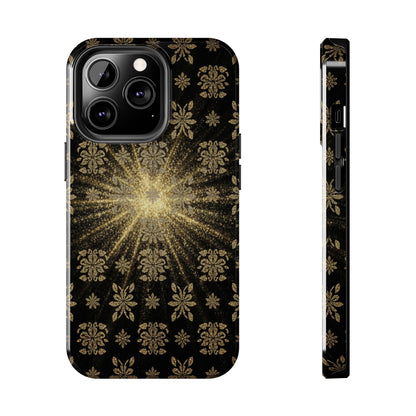 Glitter Burst Tough Phone Case — Black & Gold Floral Protective Cover
