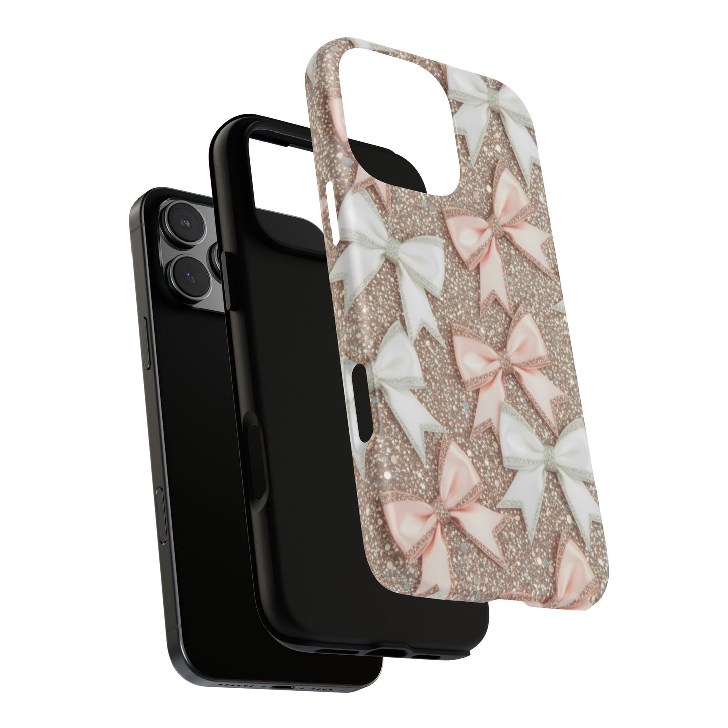 Glitter Bow Tough Phone Case — Pink & White Ribbon Protective Cover