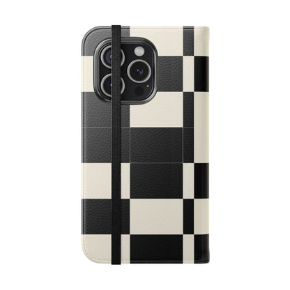 Checkered Flip Phone Case – Black & Cream Retro Grid Wallet Case