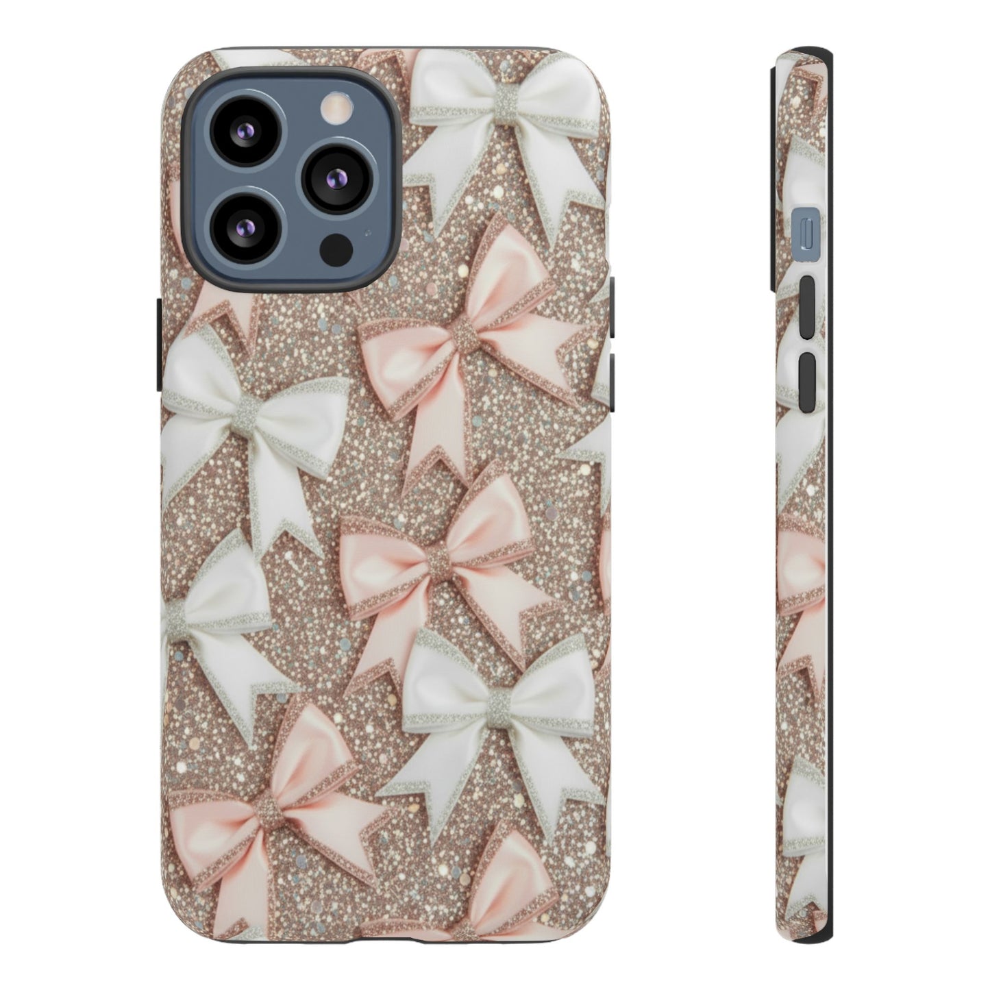 Glitter Bow Tough Phone Case — Pink & White Ribbon Protective Cover