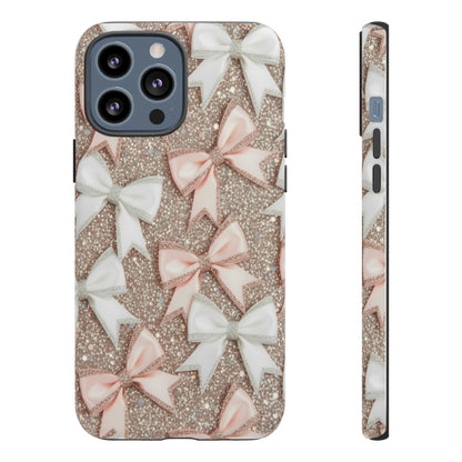 Glitter Bow Tough Phone Case — Pink & White Ribbon Protective Cover