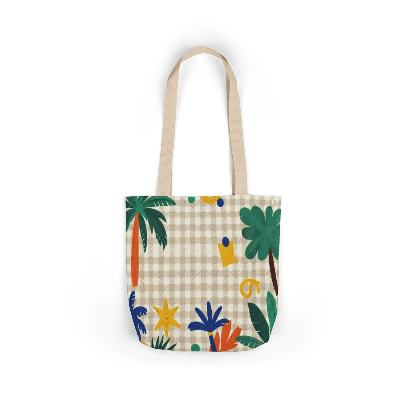 Tropical Gingham Canvas Tote — Palm Trees & Colorful Flora