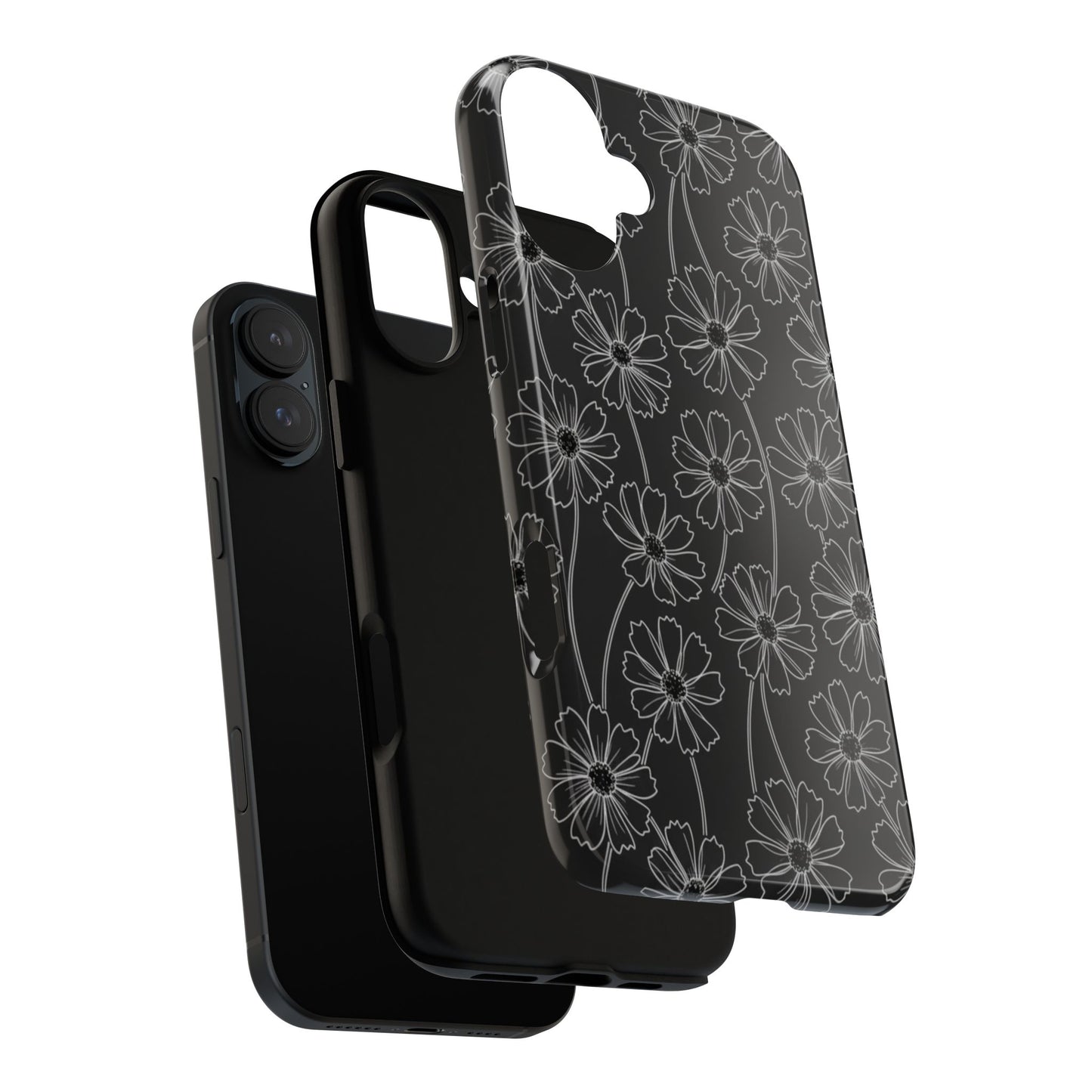 Floral Doodle Tough Phone Case — Black & Gray Daisy Pattern