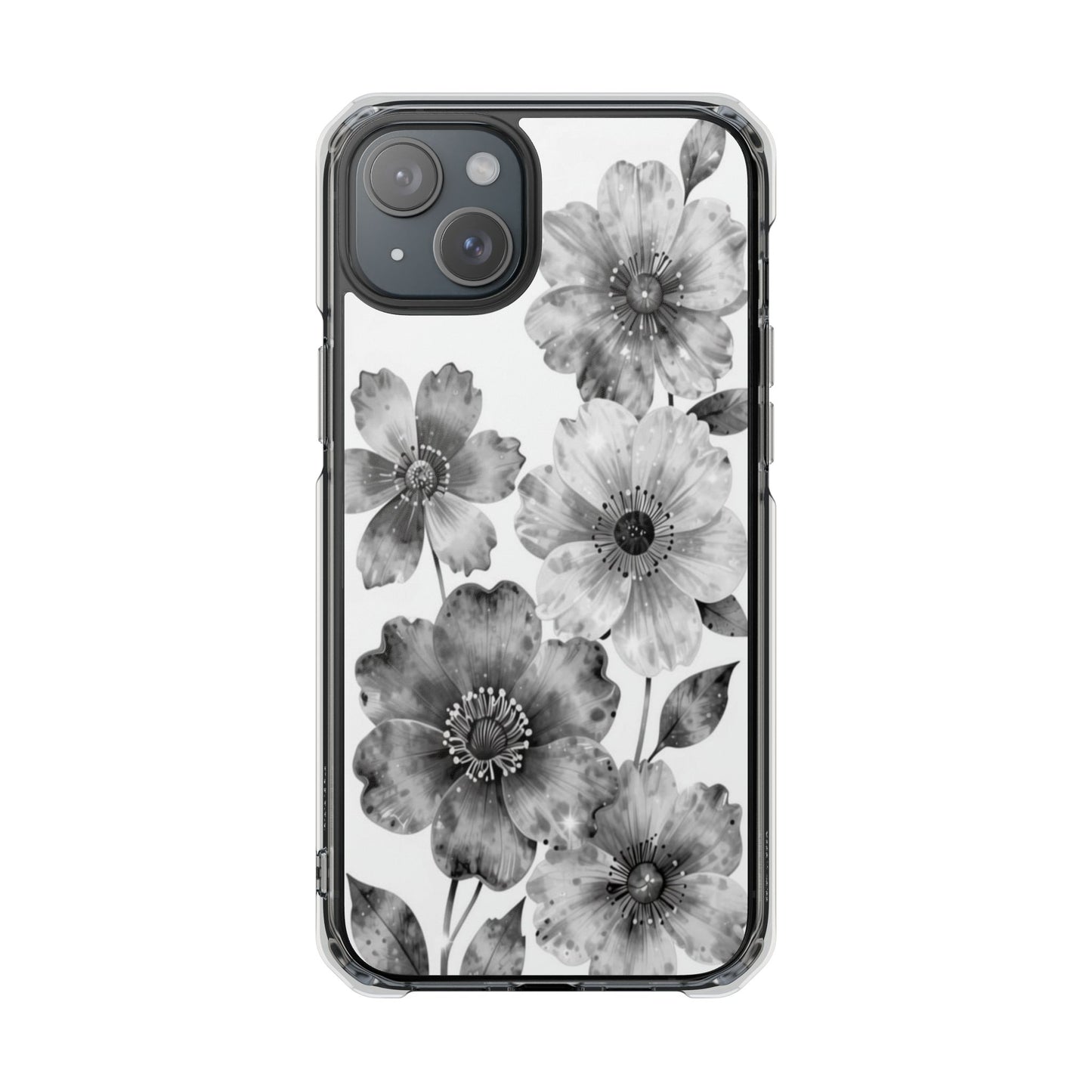 Clear Magnetic Phone Case — Black & White Watercolor Floral Design