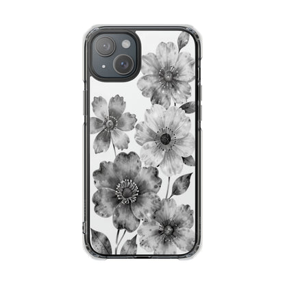 Clear Magnetic Phone Case — Black & White Watercolor Floral Design