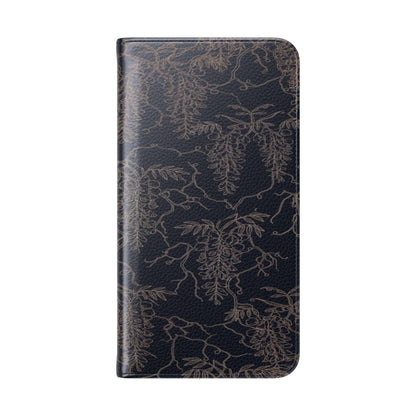 Botanical Noir Flip Phone Case — Dark Floral Wallet Cover with Card Slots