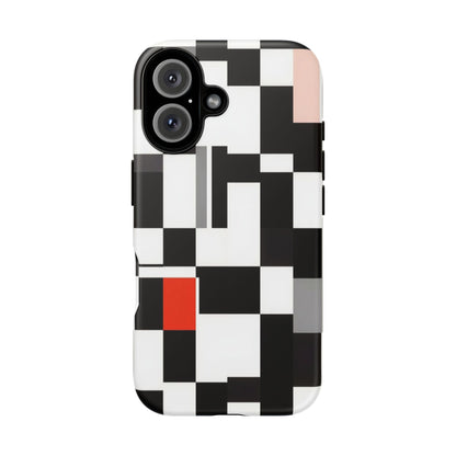 Abstract Geometric Phone Case – Black & White Checker Grid with Red Accent