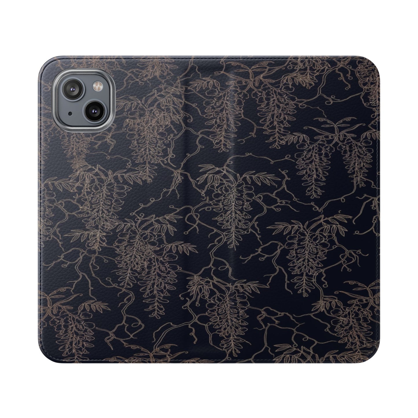 Botanical Noir Flip Phone Case — Dark Floral Wallet Cover with Card Slots
