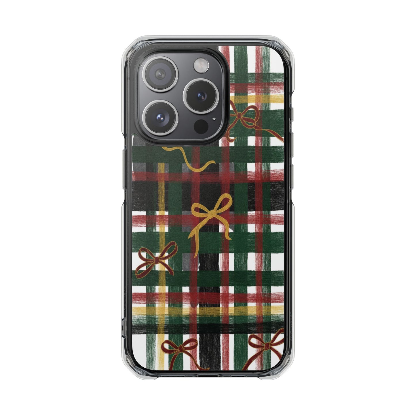 Phone Case - Festive Plaid with Gold Bows Clear Magnetic Impact Case