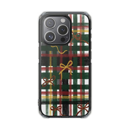 Phone Case - Festive Plaid with Gold Bows Clear Magnetic Impact Case