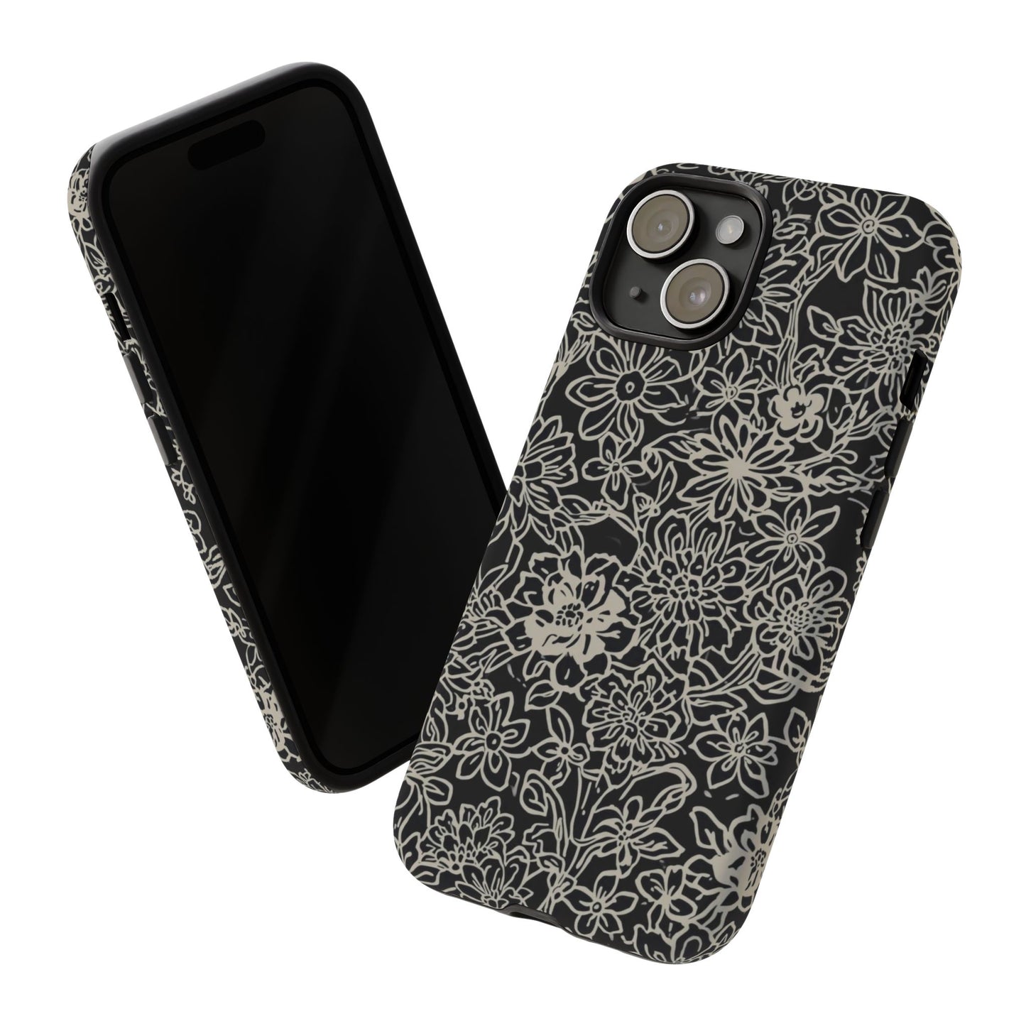 Floral Doodle Tough Phone Case — Black & White Sketch Flower Protective Cover