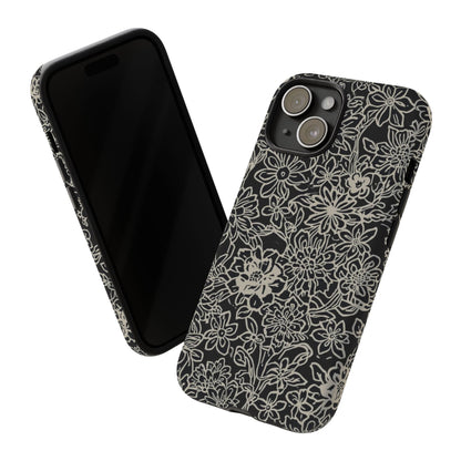 Floral Doodle Tough Phone Case — Black & White Sketch Flower Protective Cover