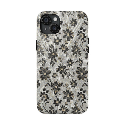 Floral Vintage Tough Phone Case — Black & Gray Rustic Flower Protective Case