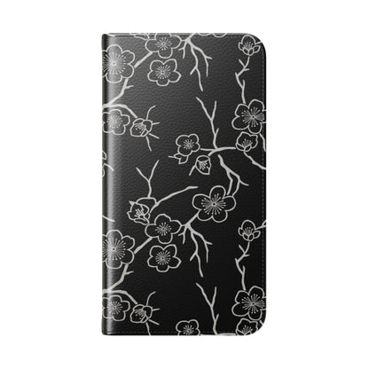 Black Cherry Blossom Flip Phone Case – Floral Wallet Flip Case with Card Slots