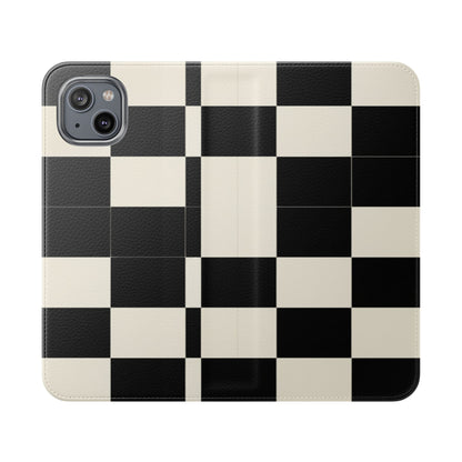 Checkered Flip Phone Case – Black & Cream Retro Grid Wallet Case