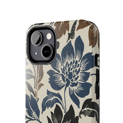 Floral Vintage Tough Phone Case — Blue & Brown Botanical Protection