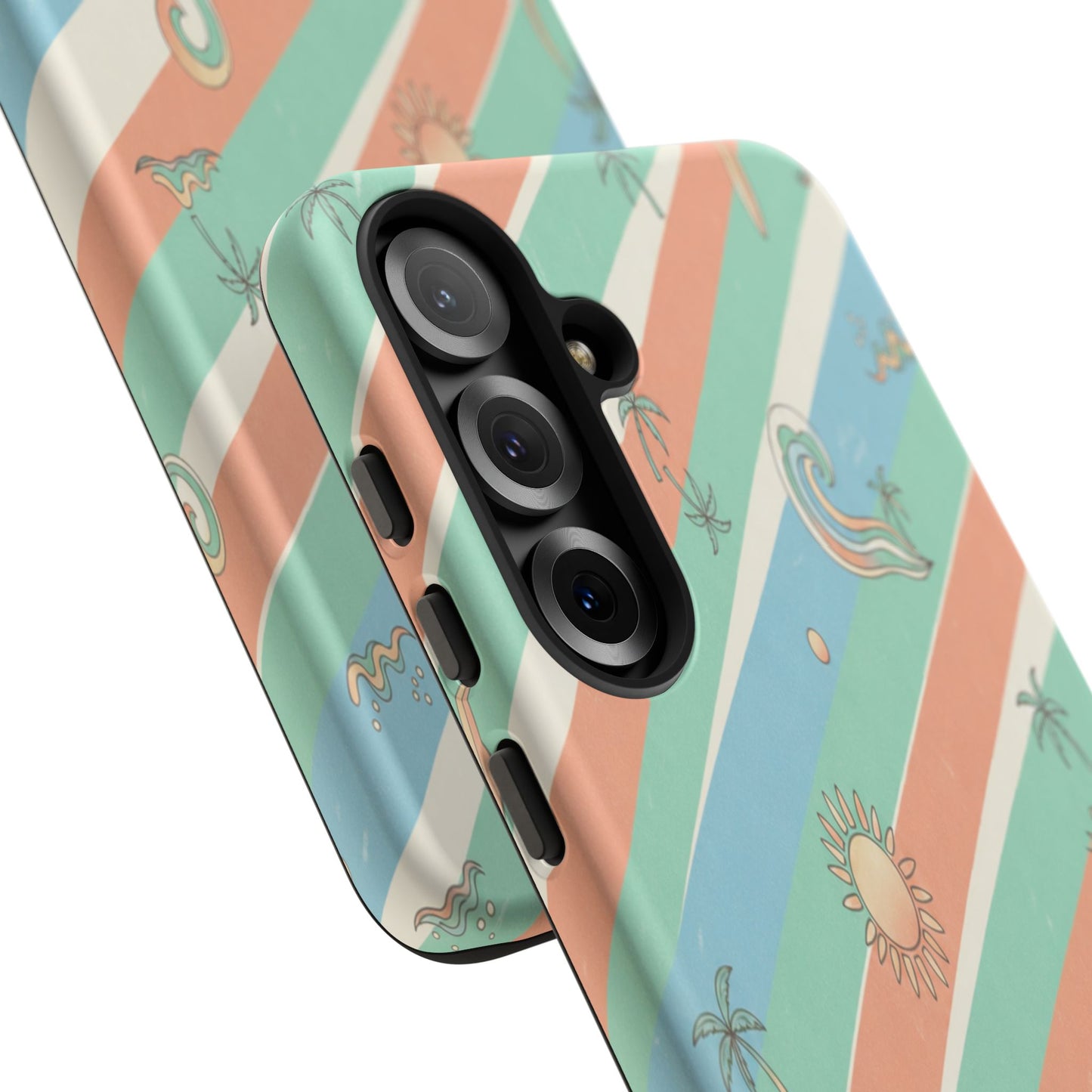 Retro Beach Stripes Phone Case — Sun, Waves & Palm Pattern Tough Case