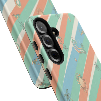 Retro Beach Stripes Phone Case — Sun, Waves & Palm Pattern Tough Case