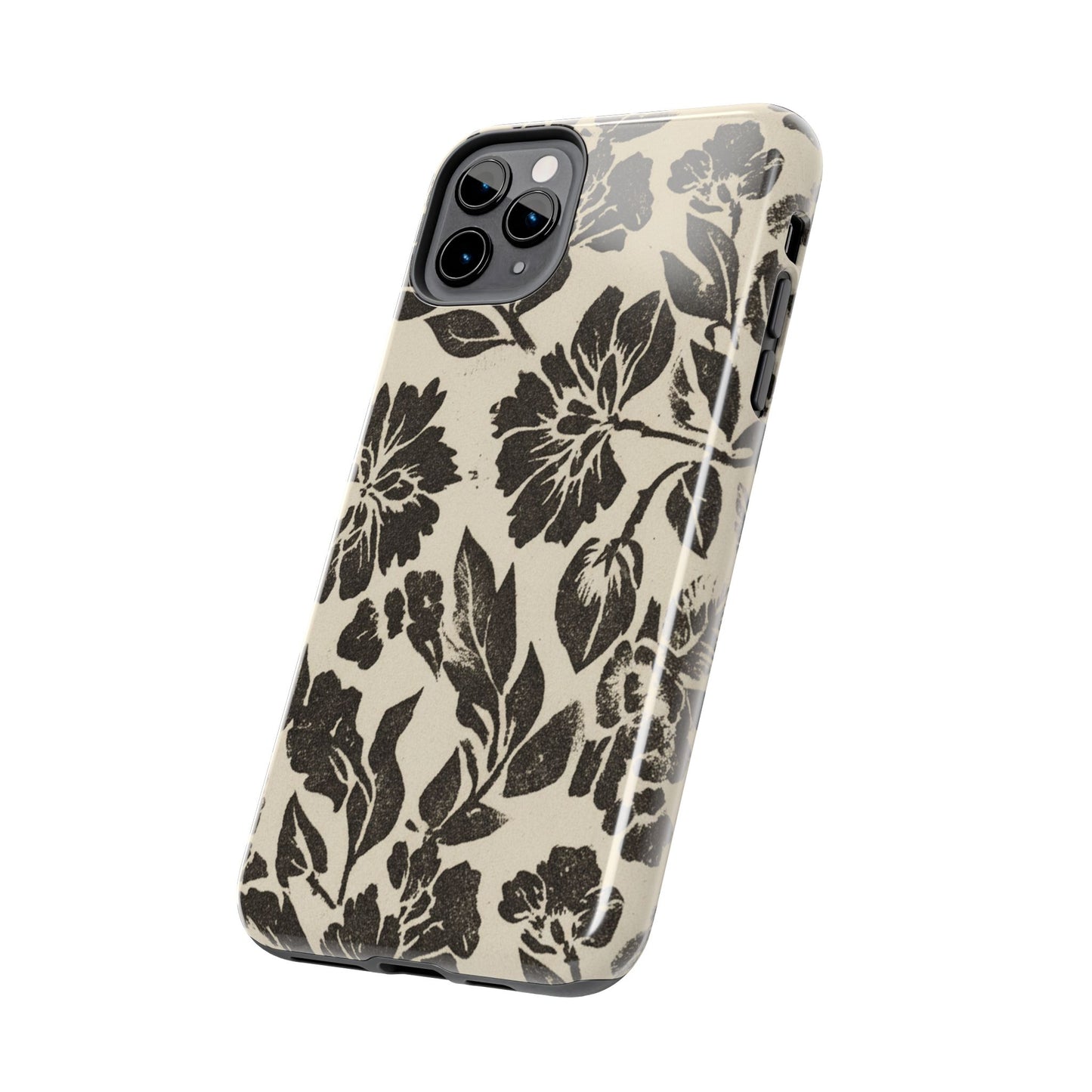 Floral Noir Tough Phone Case — Black Vintage Flower Protective Cover