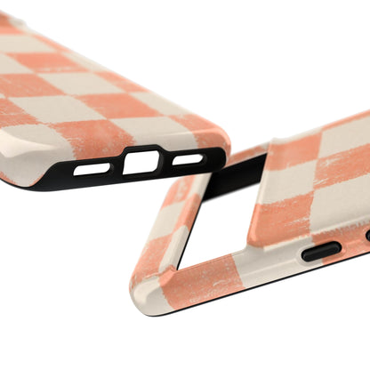 Peach Checkerboard Tough Phone Case — Retro Distressed Grid Design