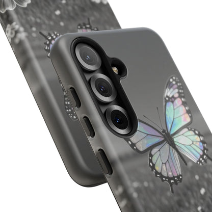 Butterfly Field Tough Phone Case — Pastel Holographic Butterfly on Black & White Floral Background