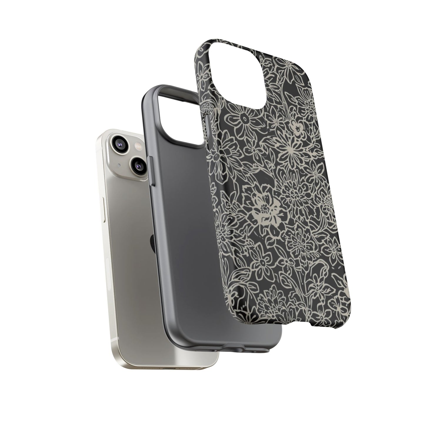 Floral Doodle Tough Phone Case — Black & White Sketch Flower Protective Cover