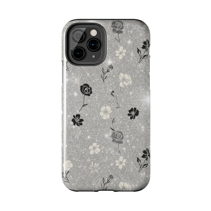 Floral Glitter Tough Phone Case — Black & Silver Vintage Flower Protective Cover