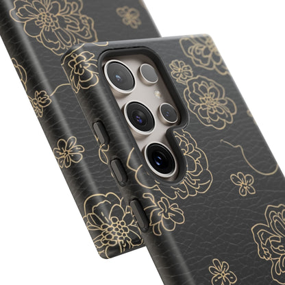 Floral Leather-Texture Tough Case – Black Gold Outline Phone Cover