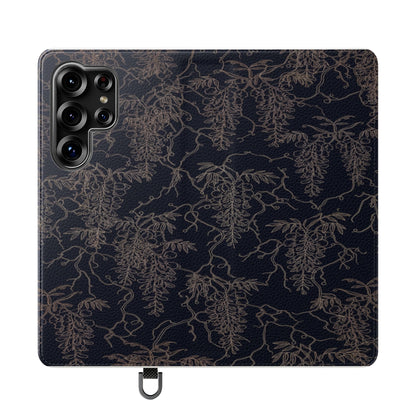 Botanical Noir Flip Phone Case — Dark Floral Wallet Cover with Card Slots