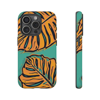 Tropical Leaf Tough Phone Case — Orange Monstera Design on Teal