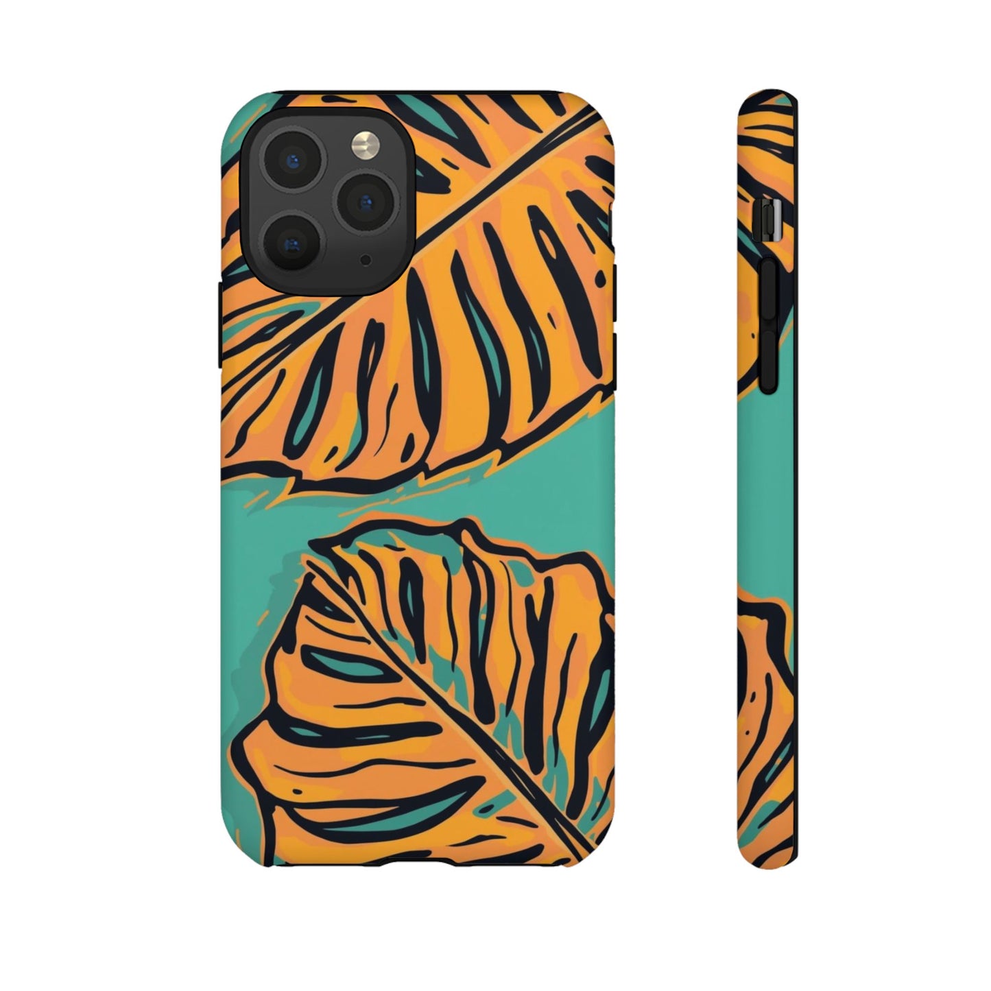 Tropical Leaf Tough Phone Case — Orange Monstera Design on Teal