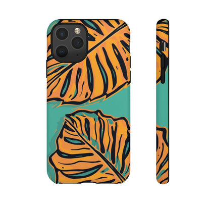 Tropical Leaf Tough Phone Case — Orange Monstera Design on Teal