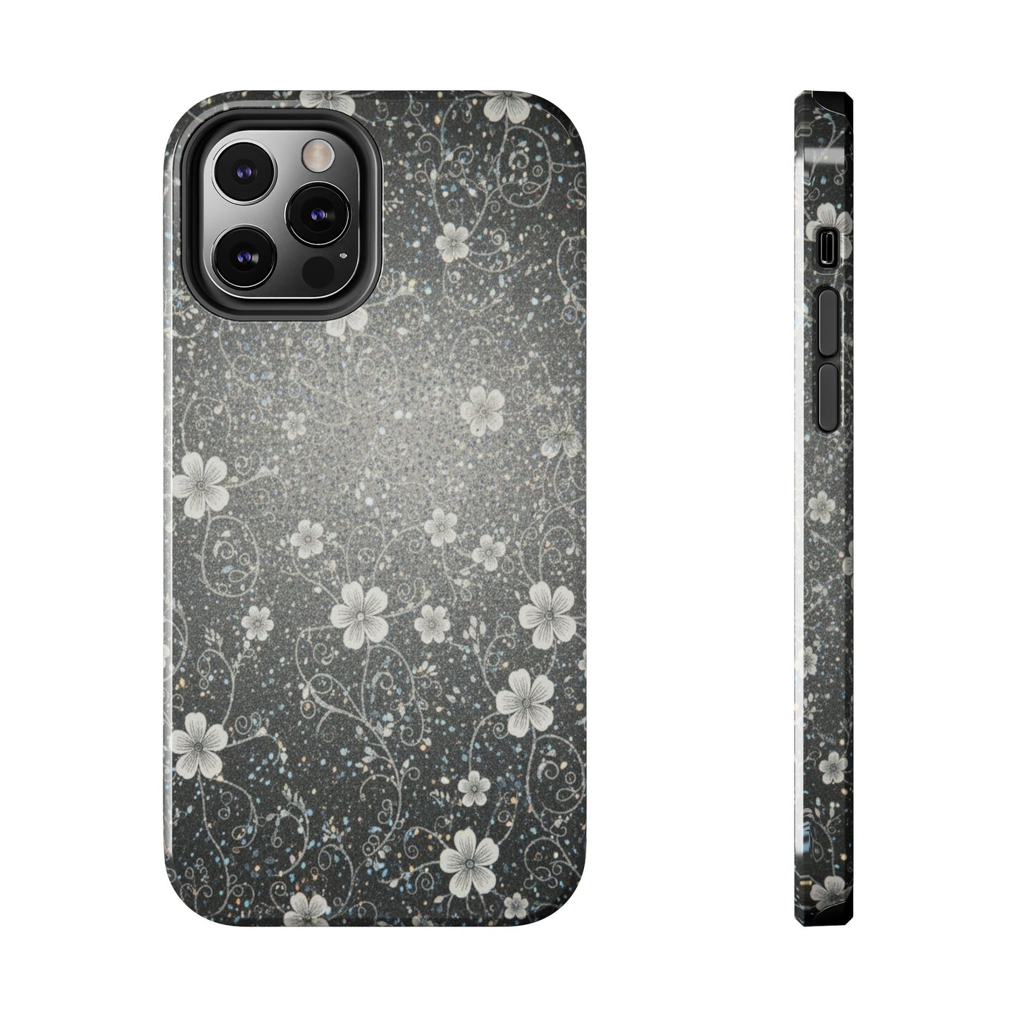 Floral Sparkle Tough Phone Case — Black & Silver Vintage Blossom