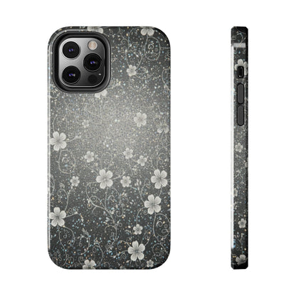 Floral Sparkle Tough Phone Case — Black & Silver Vintage Blossom