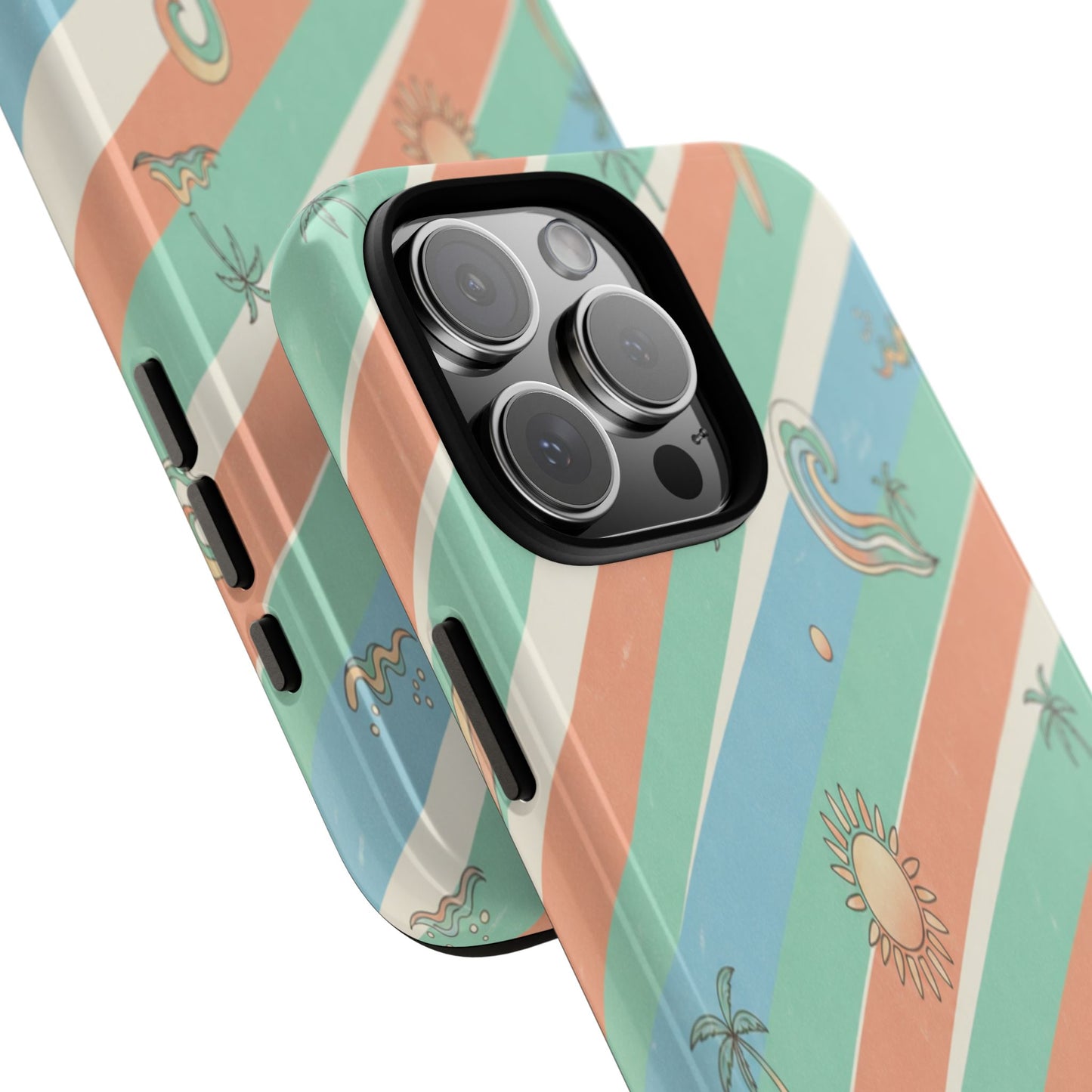 Retro Beach Stripes Phone Case — Sun, Waves & Palm Pattern Tough Case