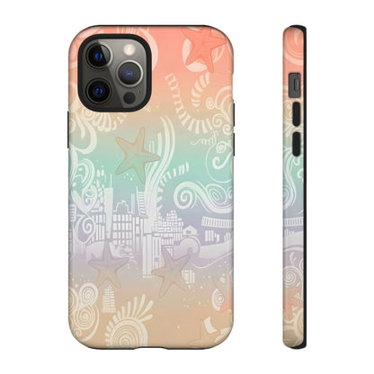 Tough Cases: Pastel Beach Pattern Phone Case — Starfish & Coastal Cityscape Protective Cover