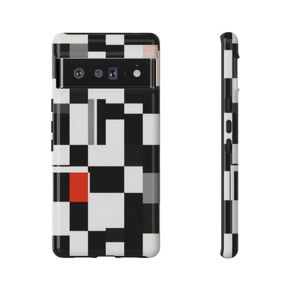 Abstract Geometric Phone Case – Black & White Checker Grid with Red Accent