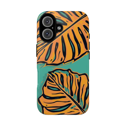 Tropical Leaf Tough Phone Case — Orange Monstera Design on Teal