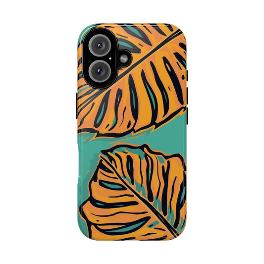 Tropical Leaf Tough Phone Case — Orange Monstera Design on Teal
