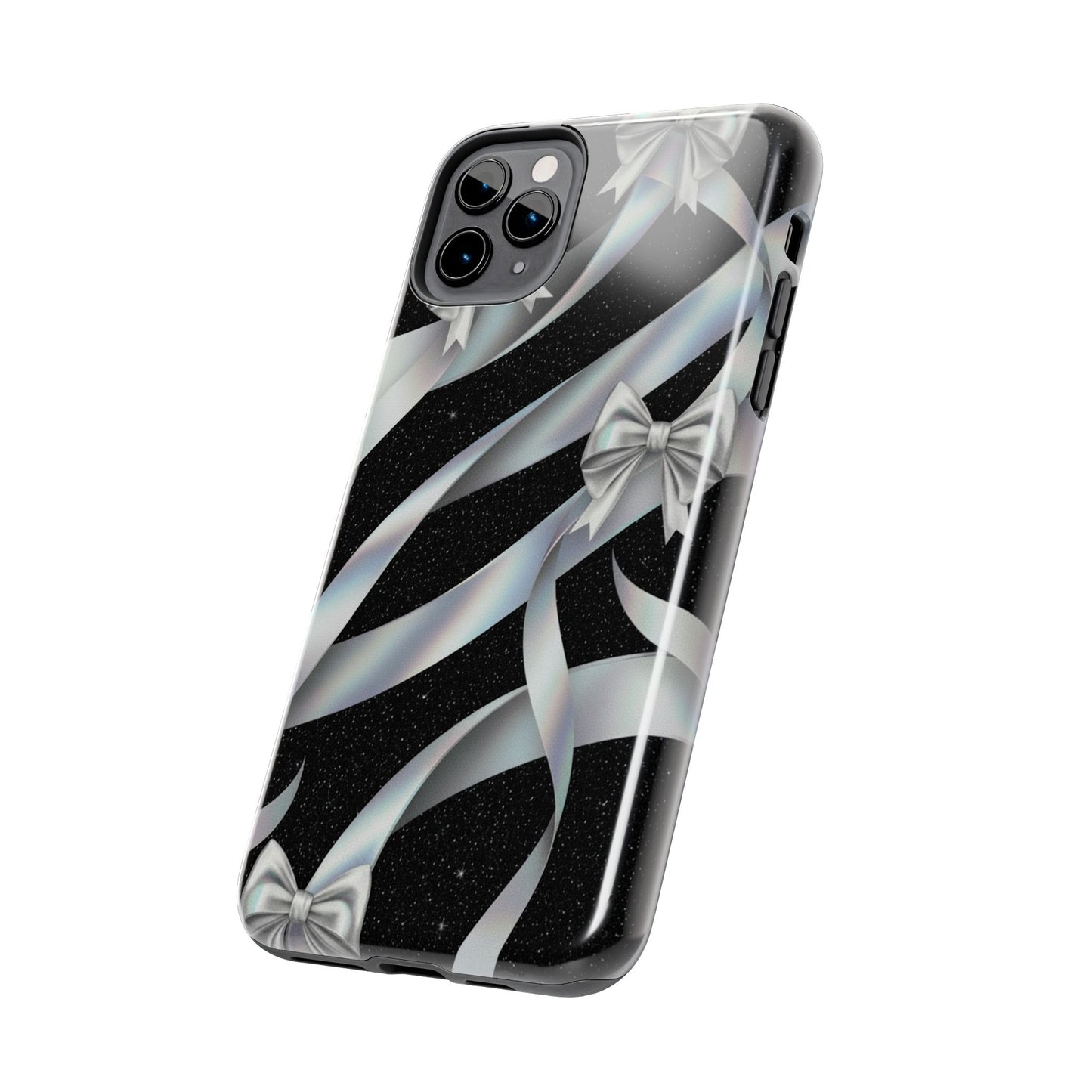 Silver Ribbon Bow Tough Phone Case — Glitter Black Protective Phone Case