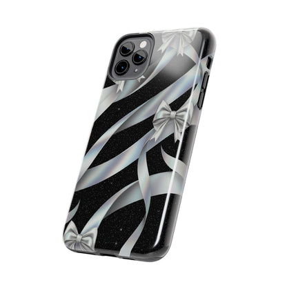 Silver Ribbon Bow Tough Phone Case — Glitter Black Protective Phone Case