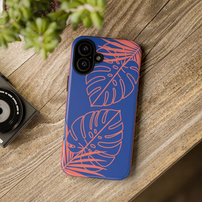 Tropical Monstera Phone Case — Blue & Coral Leaf Protective Cover